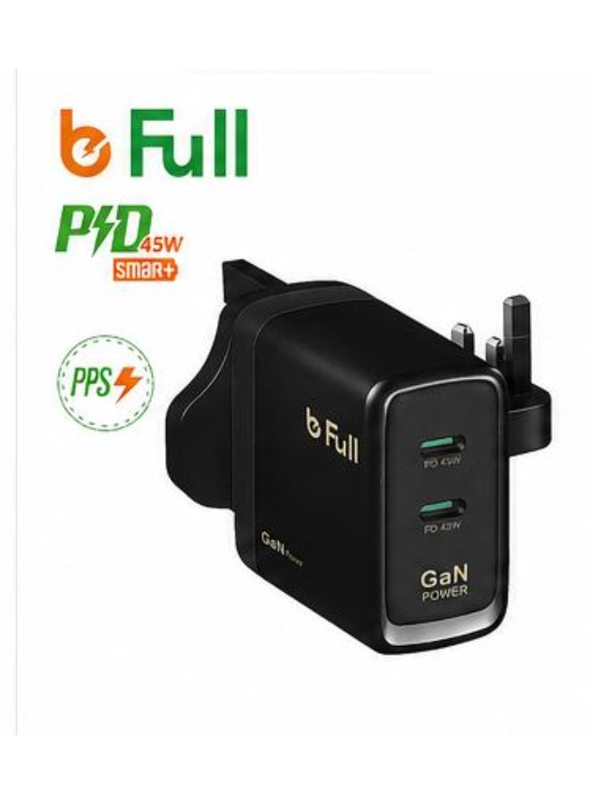 بي فل شاحن سريع bFull بقوة 45 واط GaN بمنفذين USB-C PD مع تقنية PPS شاحن حائط سريع للآيفون وسامسونج واللابتوب - Image 2