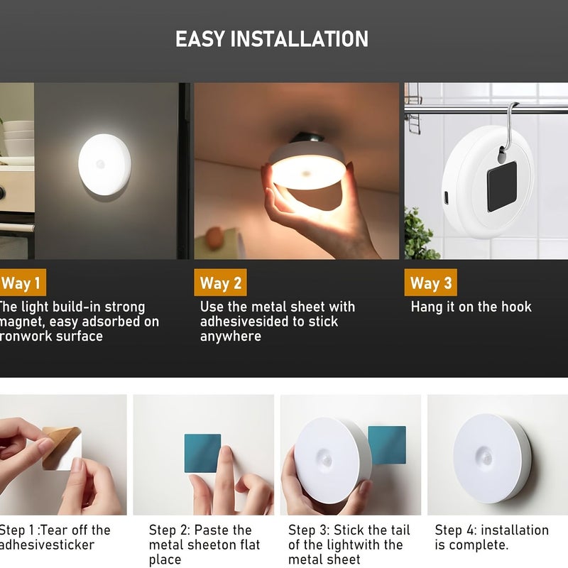 5pcs Warm Light LED Motion Sensor Lights Rechargeable Under Cabinet Bedside Night Lamps Magnetic Installation Smart Motion Constant Modes Adjustable White Minimalist for Living Room - Image 4