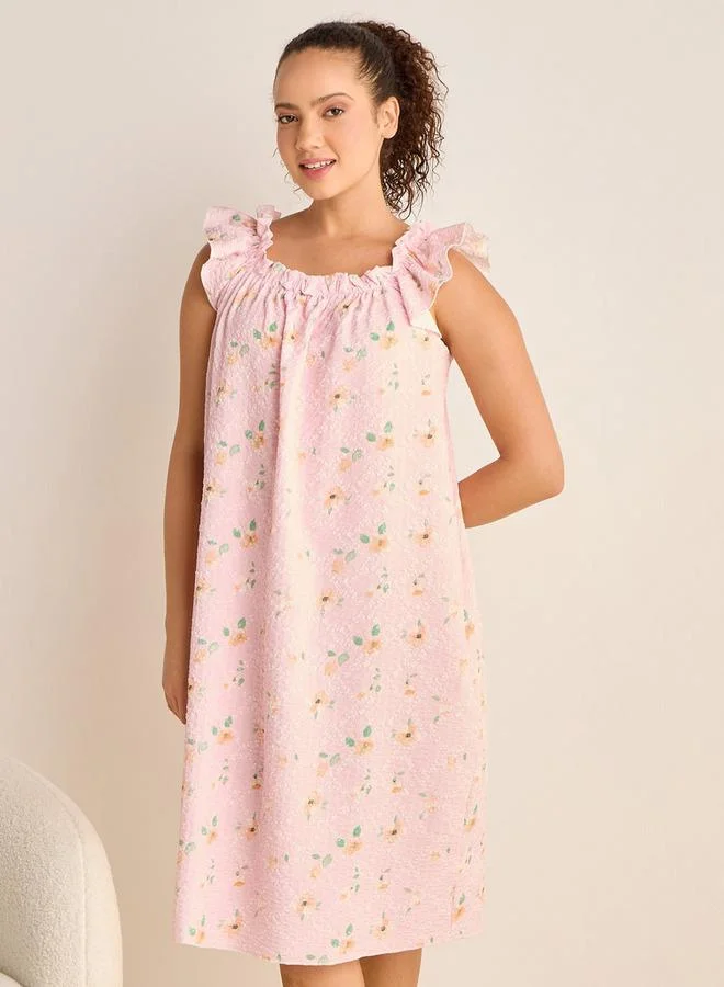 Splash FAV Floral Print Sleeveless Night Dress with Ruffle Detail