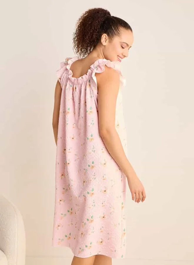 Splash FAV Floral Print Sleeveless Night Dress with Ruffle Detail