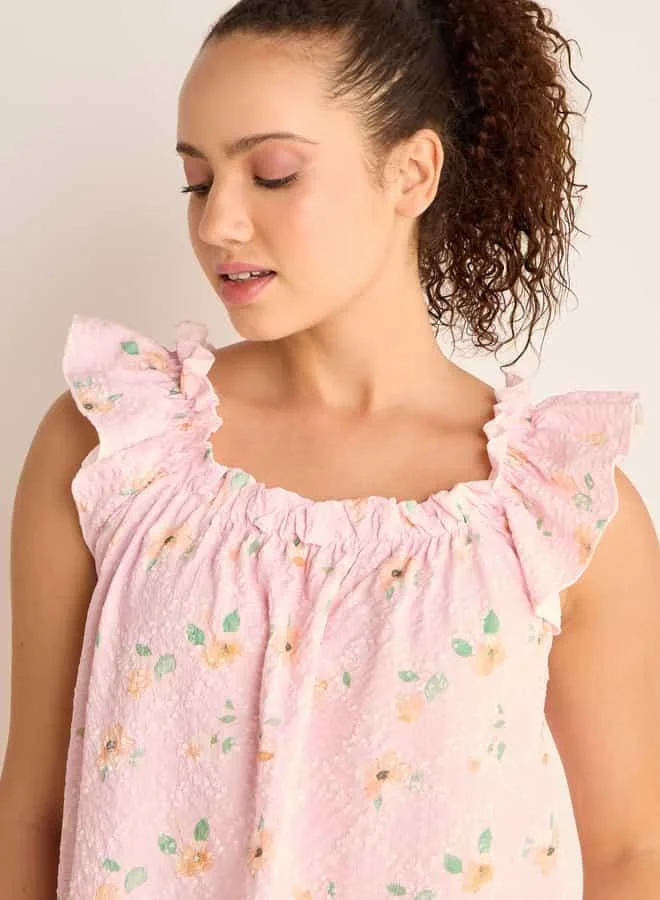Splash FAV Floral Print Sleeveless Night Dress with Ruffle Detail