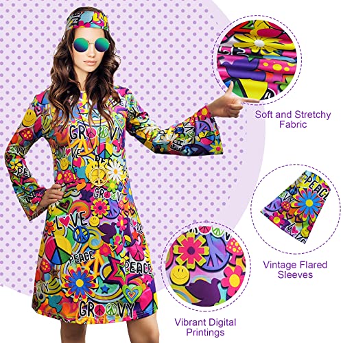 MRYUWB 70s Hippie Dress Costumes Necklace Earrings Sunglass Women Disco Outfit, 60s Party Costume, Halloween Retro Dresses (Love and Peace, XXL) - Image 5