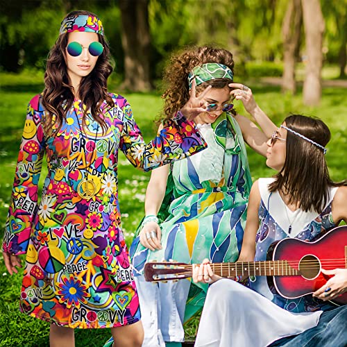 MRYUWB 70s Hippie Dress Costumes Necklace Earrings Sunglass Women Disco Outfit, 60s Party Costume, Halloween Retro Dresses (Love and Peace, XXL) - Image 4