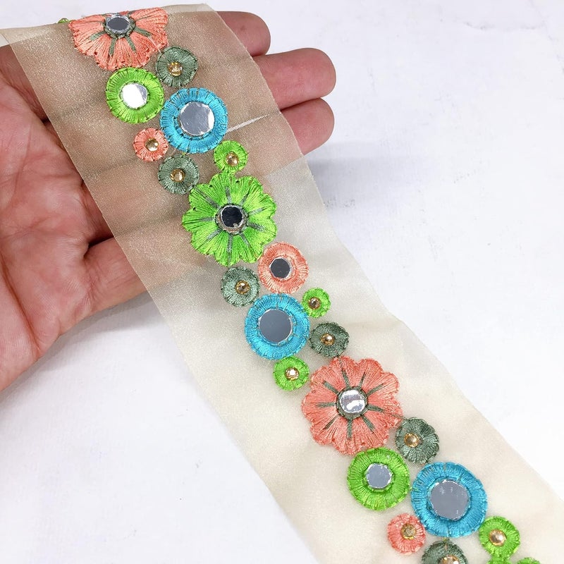 Lami 9 Meter Multi Colour Resham Embroidery Trim Lace Border, Mirror & Diamond Stone Work Embroidered Lace, Beige Glass Nylon Base, Designer Saree Lace, Bridal Lehenga Dupatta (Multicolor) - Image 1