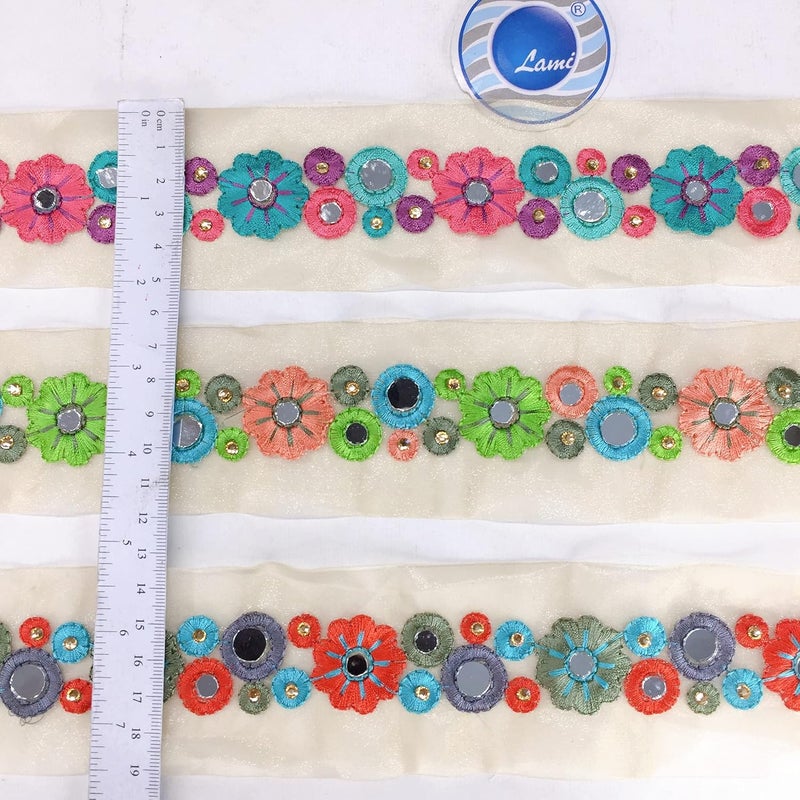 Lami 9 Meter Multi Colour Resham Embroidery Trim Lace Border, Mirror & Diamond Stone Work Embroidered Lace, Beige Glass Nylon Base, Designer Saree Lace, Bridal Lehenga Dupatta (Multicolor) - Image 4