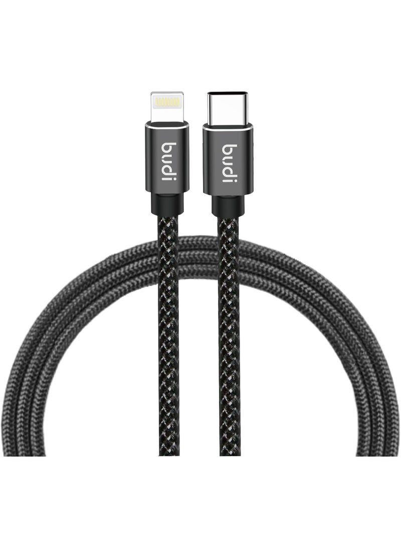 budi USB C to Lightning Cable, Braided Durable Material, 1 Meter Long, 20W PD Fast Charging - Image 1