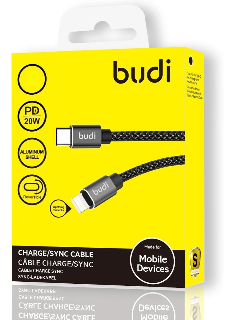 budi USB C to Lightning Cable, Braided Durable Material, 1 Meter Long, 20W PD Fast Charging - Image 2