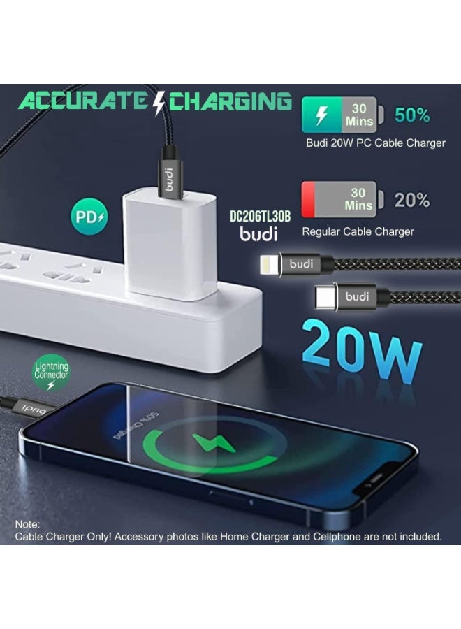 budi USB C to Lightning Cable, Braided Durable Material, 1 Meter Long, 20W PD Fast Charging - Image 3