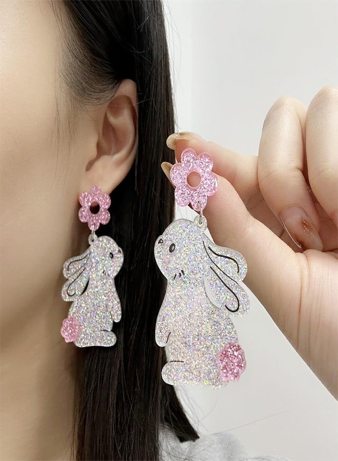 Dtja Shiny Acrylic Rabbit Animal Dangle Earrings for Women Cute Sequins Pink Flower Harajuku Bunny Pet Easter Statement Drop Stud Earrings Lightweight Holiday Homecoming Party Jewelry - Image 3