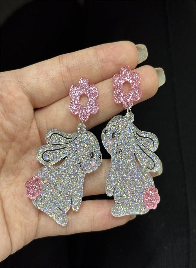 Dtja Shiny Acrylic Rabbit Animal Dangle Earrings for Women Cute Sequins Pink Flower Harajuku Bunny Pet Easter Statement Drop Stud Earrings Lightweight Holiday Homecoming Party Jewelry - Image 4