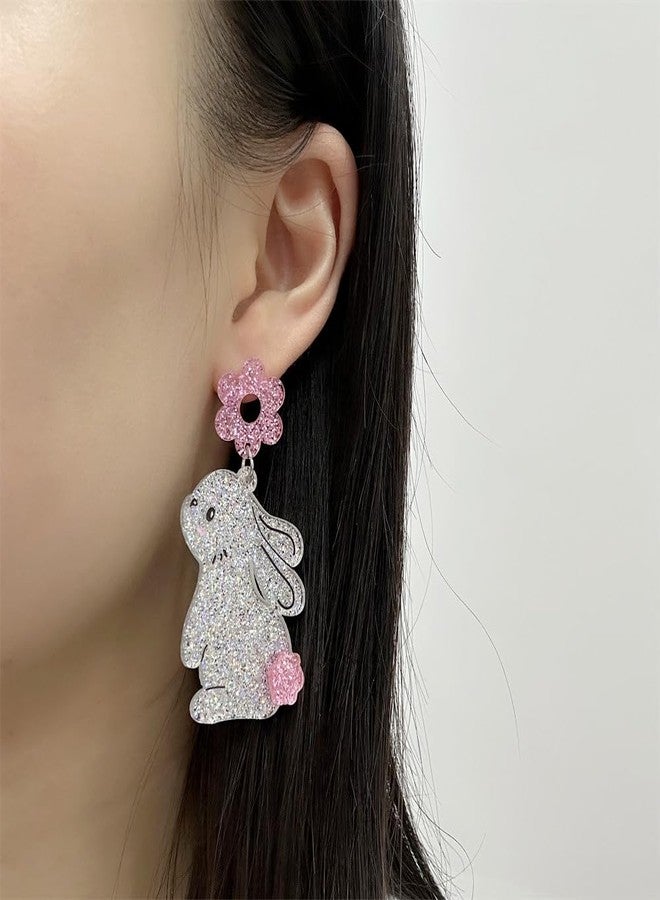 Dtja Shiny Acrylic Rabbit Animal Dangle Earrings for Women Cute Sequins Pink Flower Harajuku Bunny Pet Easter Statement Drop Stud Earrings Lightweight Holiday Homecoming Party Jewelry - Image 2