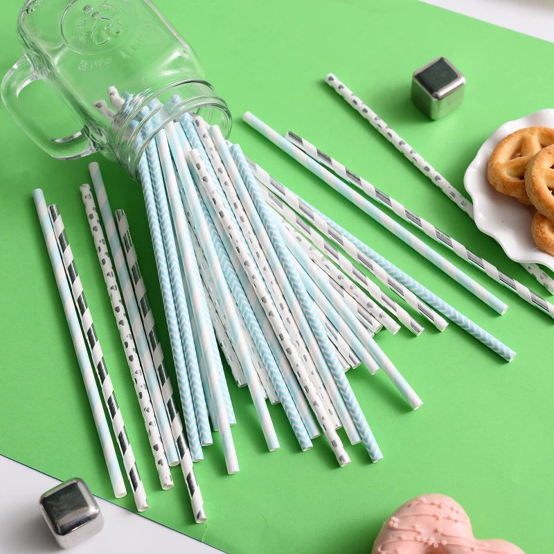 YAOSHENG Blue and Silver Paper Straws  Pack 100 for Party Supplies Birthday Wedding Bridal/Baby Shower Juice  shakes Smoothies - Image 2
