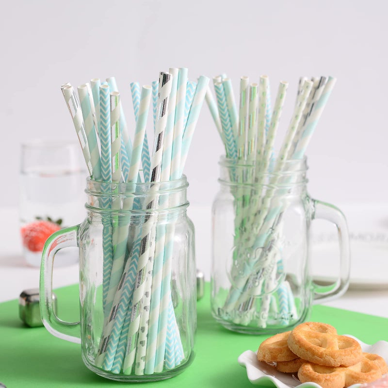 YAOSHENG Blue and Silver Paper Straws  Pack 100 for Party Supplies Birthday Wedding Bridal/Baby Shower Juice  shakes Smoothies - Image 1