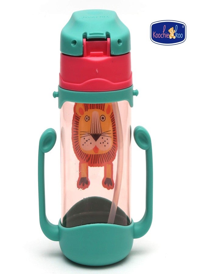 Koochie-Koo Plastic One Touch Open Cute Lion Printed Handy Transparent Sippy Cup Bottle with Handle, Straw and Strap for Kids, Water Bottles for Toddler Boys & Girls (Green, 450 ml) - Image 3