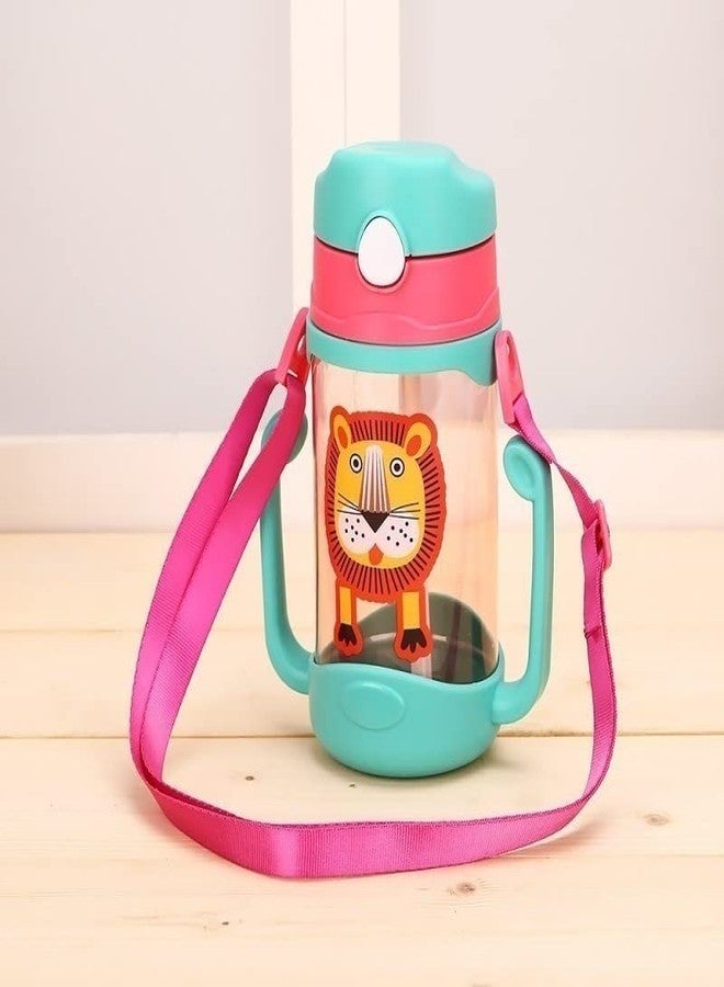 Koochie-Koo Plastic One Touch Open Cute Lion Printed Handy Transparent Sippy Cup Bottle with Handle, Straw and Strap for Kids, Water Bottles for Toddler Boys & Girls (Green, 450 ml) - Image 2