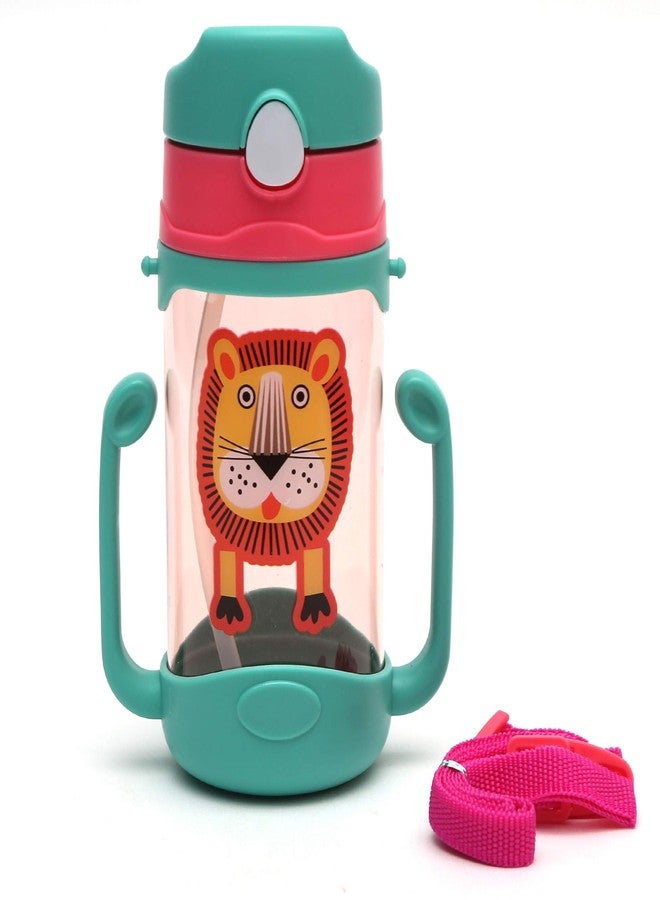 Koochie-Koo Plastic One Touch Open Cute Lion Printed Handy Transparent Sippy Cup Bottle with Handle, Straw and Strap for Kids, Water Bottles for Toddler Boys & Girls (Green, 450 ml) - Image 1
