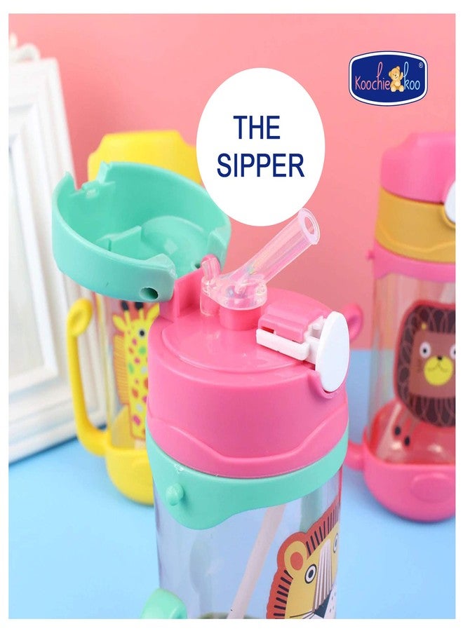 Koochie-Koo Plastic One Touch Open Cute Lion Printed Handy Transparent Sippy Cup Bottle with Handle, Straw and Strap for Kids, Water Bottles for Toddler Boys & Girls (Green, 450 ml) - Image 4