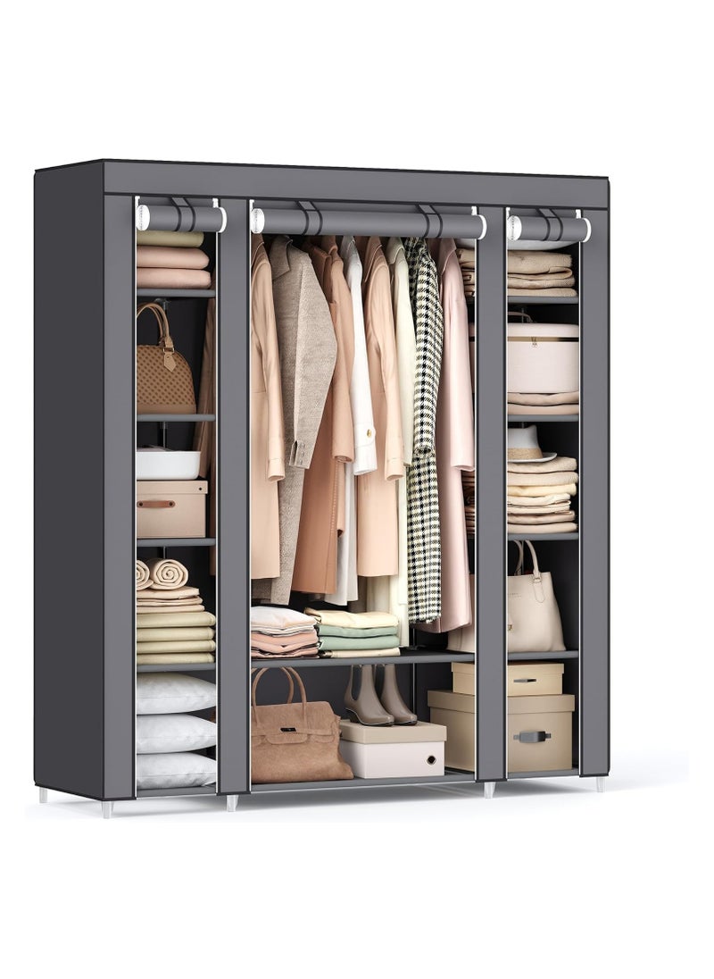 SONGMICS - Closet Wardrobe, Portable Closet for Bedroom, Clothes Rail with Non-Woven Fabric Cover, Clothes Storage Organizer, 59 x 17.7 x 69 Inches, 12 Compartments, Gray ULSF03G - Image 1