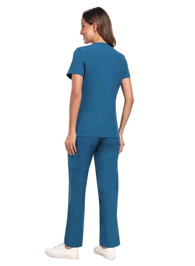 HSDORY Scrubs for Women Set, Stretchy V-Neck Scrub Top and Pants Sets, Medical Nursing Uniform Suit with Multiple Pockets(Caribbean Blue,S) - Image 3