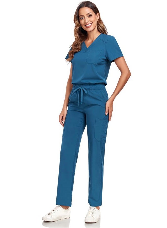 HSDORY Scrubs for Women Set, Stretchy V-Neck Scrub Top and Pants Sets, Medical Nursing Uniform Suit with Multiple Pockets(Caribbean Blue,S) - Image 2