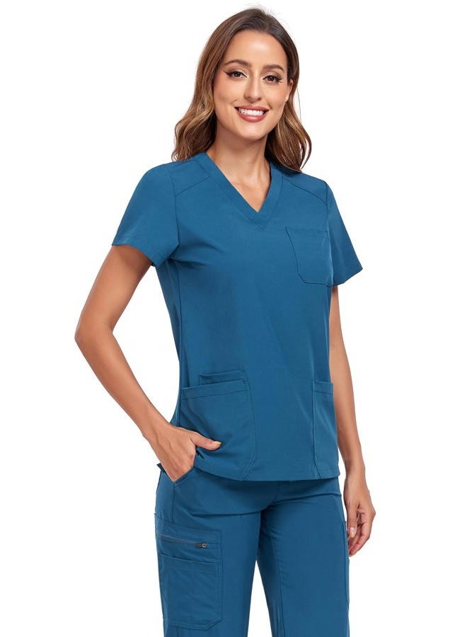 HSDORY Scrubs for Women Set, Stretchy V-Neck Scrub Top and Pants Sets, Medical Nursing Uniform Suit with Multiple Pockets(Caribbean Blue,S) - Image 4