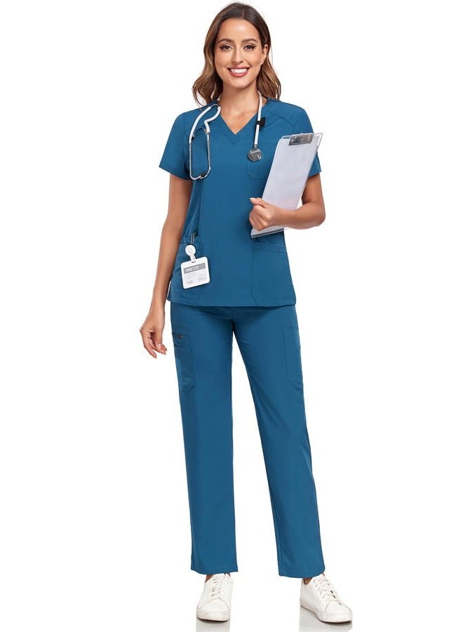 HSDORY Scrubs for Women Set, Stretchy V-Neck Scrub Top and Pants Sets, Medical Nursing Uniform Suit with Multiple Pockets(Caribbean Blue,S) - Image 1