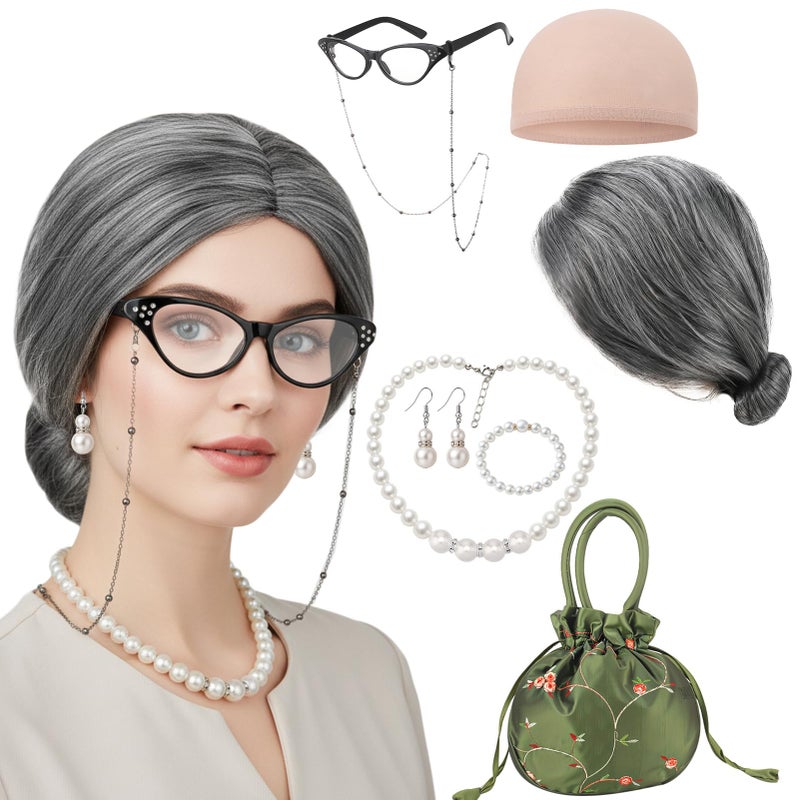 ZhouBoat 8pcs Old Lady Costume Set Grandma Accessories Old Lady Wig Wig Caps Glasses with Chain Faux Pearl Jewelry Handbag for Women Halloween Party Grey - Image 1