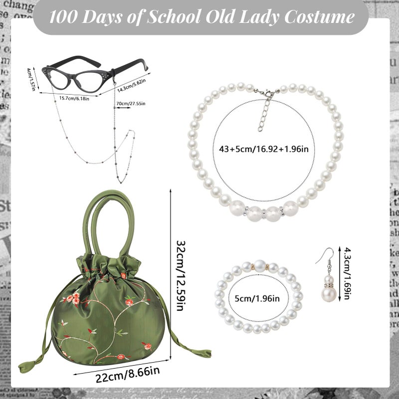 ZhouBoat 8pcs Old Lady Costume Set Grandma Accessories Old Lady Wig Wig Caps Glasses with Chain Faux Pearl Jewelry Handbag for Women Halloween Party Grey - Image 2