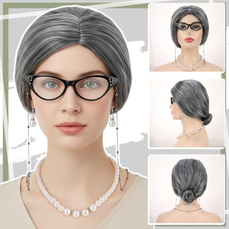 ZhouBoat 8pcs Old Lady Costume Set Grandma Accessories Old Lady Wig Wig Caps Glasses with Chain Faux Pearl Jewelry Handbag for Women Halloween Party Grey - Image 5