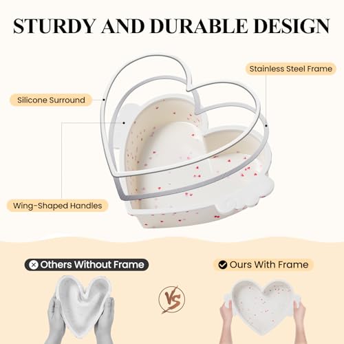 Vinino 2-Pack Silicone Heart Shaped Cake Pans with Metal Reinforced Frame, Nonstick 8 Inch Heart Shaped Baking Pans with Wing Handles, Silicone Cake Molds for Oven, BPA Free, Dishwasher Safe- Cream - Image 2