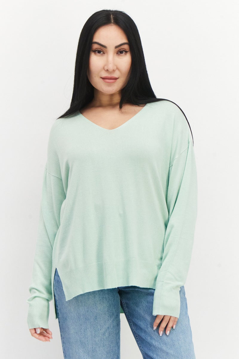 French Connection سويت شيرت نسائي بأكمام طويلة على شكل حرف V، أخضر نعناعي - Image 1