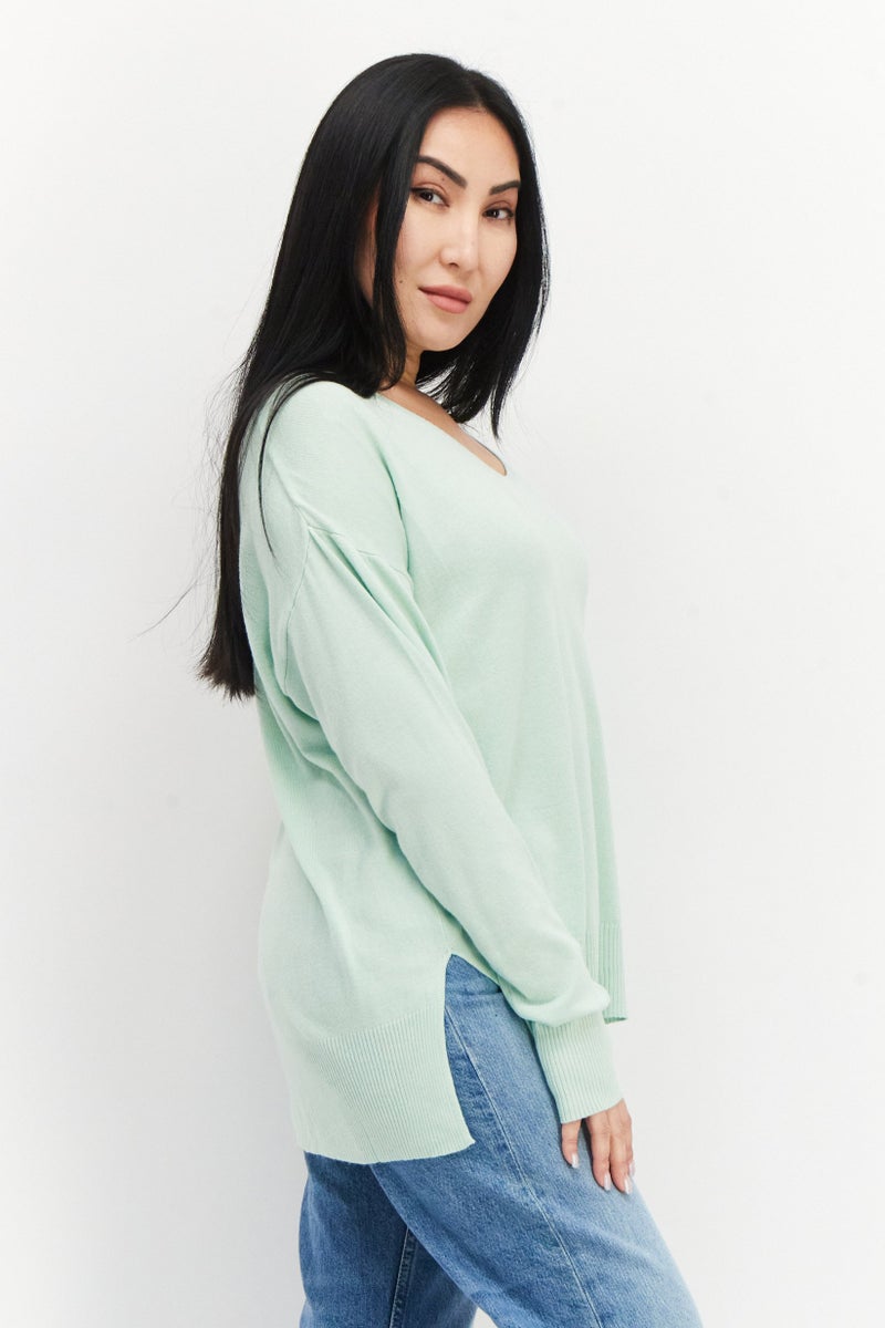 French Connection سويت شيرت نسائي بأكمام طويلة على شكل حرف V، أخضر نعناعي - Image 4