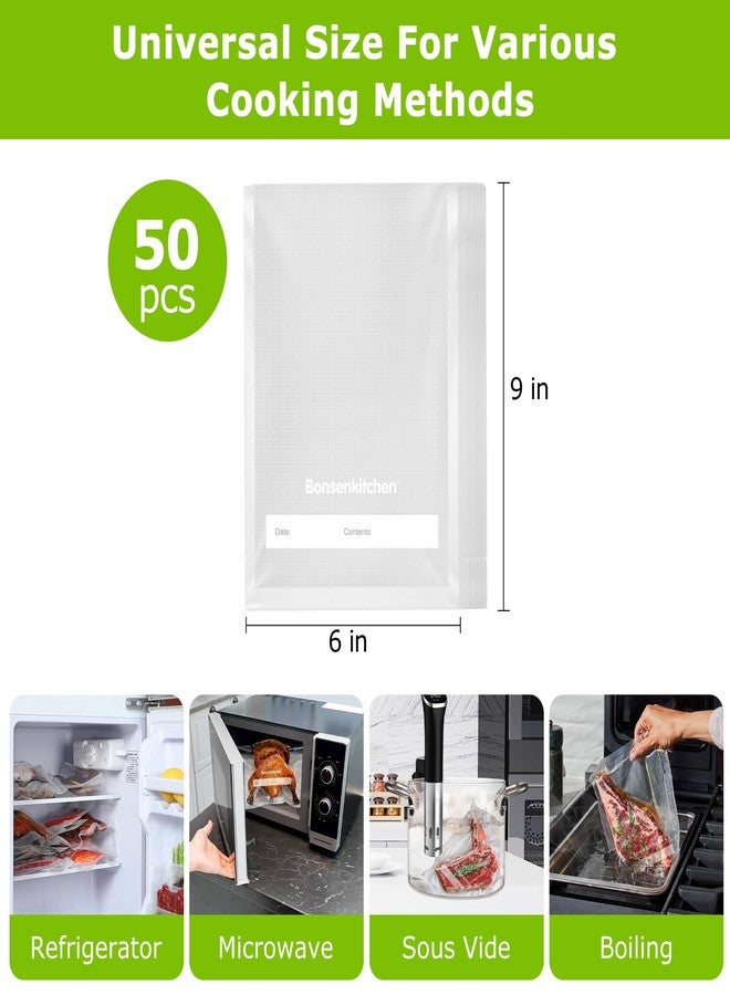 Bonsenkitchen Precut Vacuum Sealer Bags, 50 Pint 6" x 9" Food Sealer Bags, Food Grade, BPA Free, Heavy Duty, Customized Size Vacuum Bags for Vac Storage, Meal Prep or Sous Vide Cooking, VB10 - Image 2