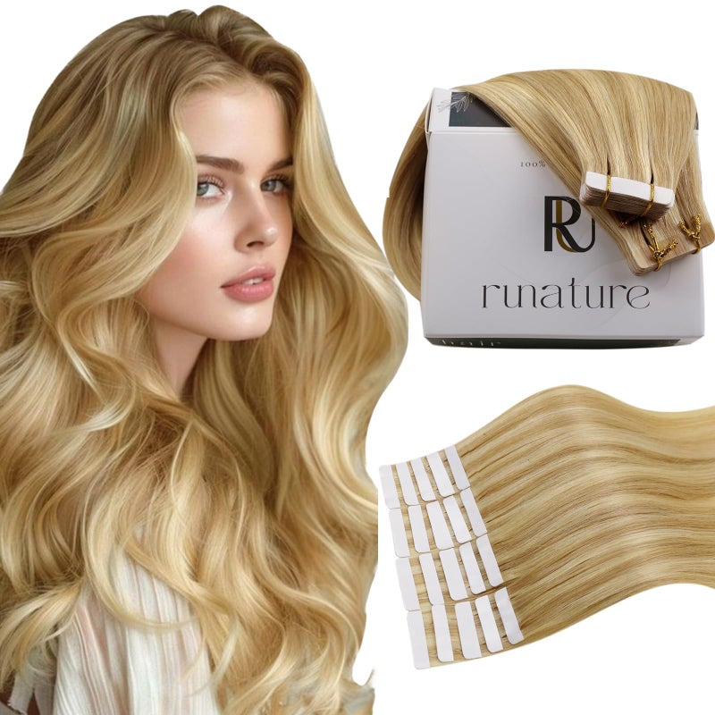 RUNATURE Human Hair Tape in Extensions Blonde 16 Inch Tape in Extensions Real Human Hair Golden Blonde Highlight Light Blonde Thick Remy Tape in Human Hair Extensions Straight Double Sided 50g 20pcs