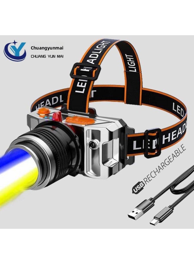 ماركة غير محددة مصباح أمامي ثلاثي المصادر LED مع شحن USB وإضاءة تكبير وصيد الأسماك في الهواء الطلق ومصباح يدوي بعيد المدى 
