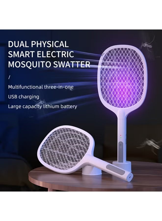 Joybos Electric Fly Swatter, 240V USB Rechargeable Fly Killer Bug Zapper Racket with Charging Base,3 Layer Safety Mesh, LED Indicator Home and Outdoor Mosquito Killer with LED Light for Mosquitoes,Flies, Bees,Moths- White - Image 1