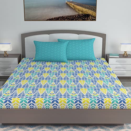 Divine Casa Cotton 144 TC King Size Bedsheet with 2 Pillow Covers | 222 By 270 cm | Blue & Yellow | Floral - Image 2