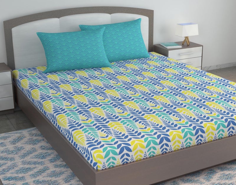Divine Casa Cotton 144 TC King Size Bedsheet with 2 Pillow Covers | 222 By 270 cm | Blue & Yellow | Floral - Image 1