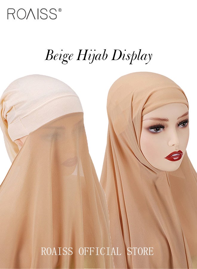 رويس طقم حجاب شيفون نسائي من قطعتين، حجاب مسلم غير رسمي للسيدات، مزين بالخرز ومتعدد الاستخدامات لجميع الفصول، غطاء رأس تقليدي هدية رمضان وعيد الأضحى، بيج وأسود - Image 2