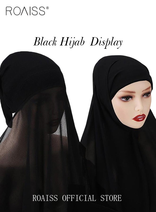 رويس طقم حجاب شيفون نسائي من قطعتين، حجاب مسلم غير رسمي للسيدات، مزين بالخرز ومتعدد الاستخدامات لجميع الفصول، غطاء رأس تقليدي هدية رمضان وعيد الأضحى، بيج وأسود - Image 3