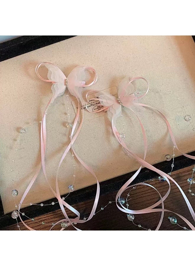 2 PCS, Dreamy Ballet ~ French Retro Ribbon Beaded Long Tassel Bow Hair Clips for Women, Ballet-Style Sweet Pair of Hair Accessories - Image 1