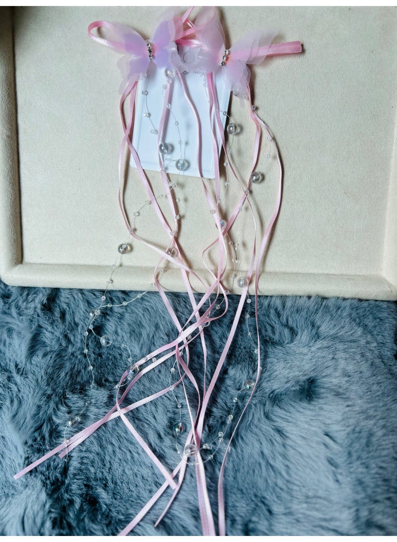 2 PCS, Dreamy Ballet ~ French Retro Ribbon Beaded Long Tassel Bow Hair Clips for Women, Ballet-Style Sweet Pair of Hair Accessories - Image 3