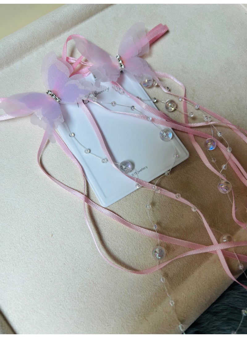 2 PCS, Dreamy Ballet ~ French Retro Ribbon Beaded Long Tassel Bow Hair Clips for Women, Ballet-Style Sweet Pair of Hair Accessories - Image 5