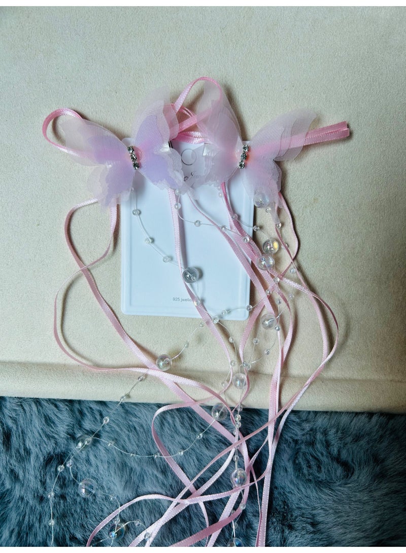 2 PCS, Dreamy Ballet ~ French Retro Ribbon Beaded Long Tassel Bow Hair Clips for Women, Ballet-Style Sweet Pair of Hair Accessories - Image 4