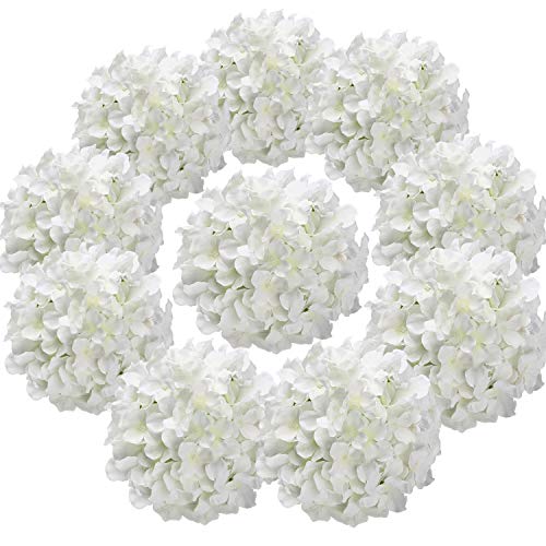 Flojery Silk Hydrangea Heads Artificial Flowers Heads with Stems for Home Wedding Decor,Pack of 10 (White) - Image 1
