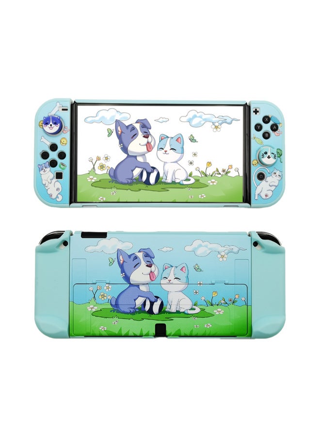 general Nintendo Switch Game Console Protective Shell Ns Oled Host Protective Cover Cat And Dog Rocker Cap Protective Hard Shell-Model:Blue Cat Purple Dog OLED Protective Shell (including Rocker Cap) - Image 1