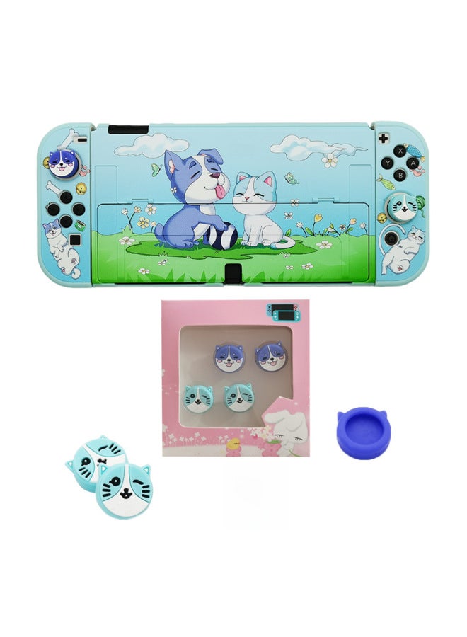 general Nintendo Switch Game Console Protective Shell Ns Oled Host Protective Cover Cat And Dog Rocker Cap Protective Hard Shell-Model:Blue Cat Purple Dog OLED Protective Shell (including Rocker Cap) - Image 2