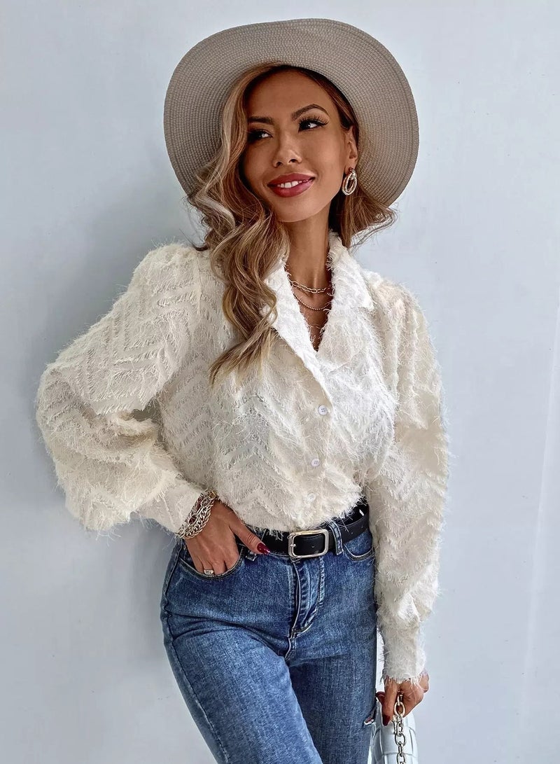 Lapel Collar Puff Sleeve Fuzzy Blouse  - Image 1