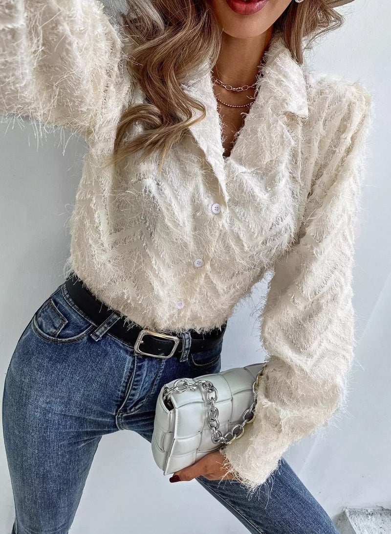Lapel Collar Puff Sleeve Fuzzy Blouse  - Image 3