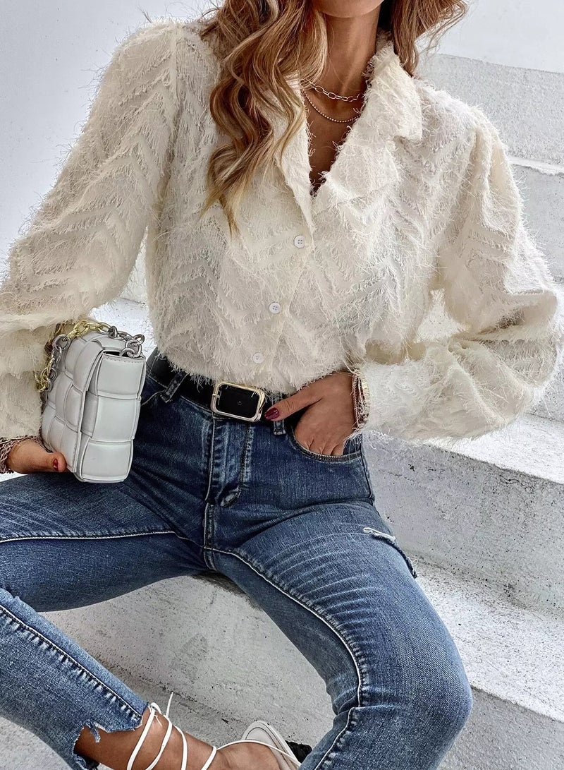 Lapel Collar Puff Sleeve Fuzzy Blouse  - Image 4